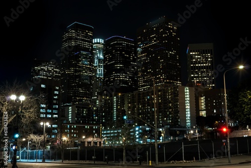 Illuminated night scene of the downtown Los Angeles skyline with high rise buildings