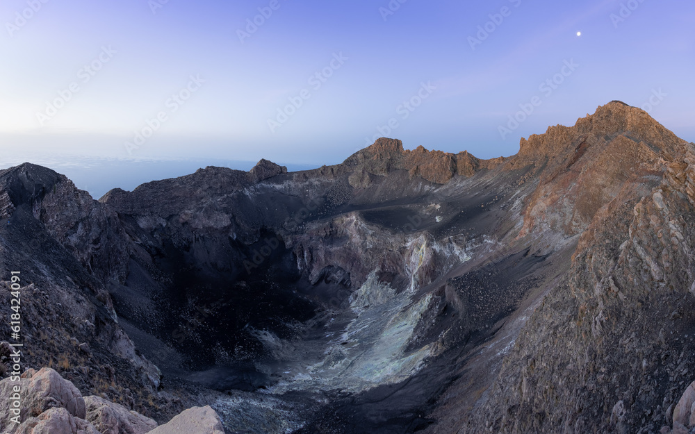 panorama of  crater,  blue hour and moonshine