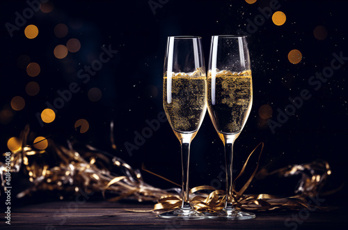 champagne on sparkling surroundings. Illuminated Streets, Vibrant Festivities, and Glittering Decorations: A Captivating Visual Spectacle of New Year Celebrations Immersed in Joy and Traditions