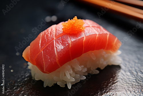 Sushi with Salmon on the plate, Japanese food. AI Generated.