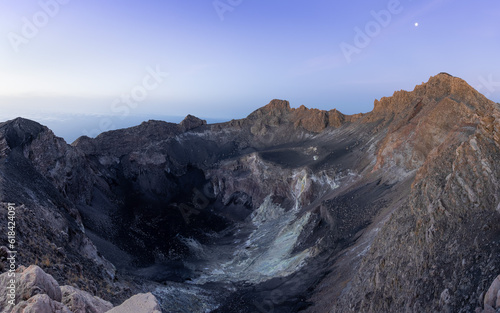 panorama of crater, blue hour and moonshine
