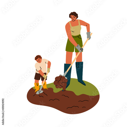 Family work at farm, garden. Son kid helps mother to dig soil, ground with shovel, spade. Mom and child farmers fertilizing earth with manure. Flat vector illustration isolated on white background
