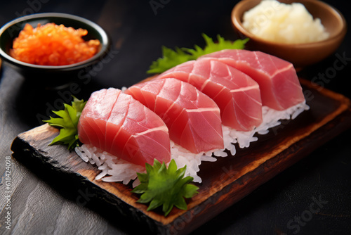 Sushi with Tuna on the plate, Japanese food. AI Generated.