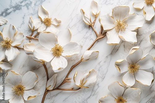 white flowers on a marble background, dogwood blossoms, decorated with gold. photo