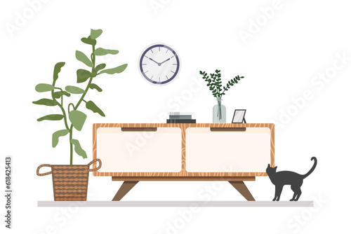 Living room interior with decor, books and flowers. Flat style vector illustration