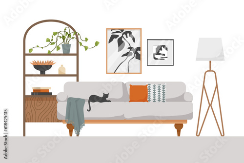 Living room interior with  sofa, lamp, pictures and flowers. Flat style vector illustration