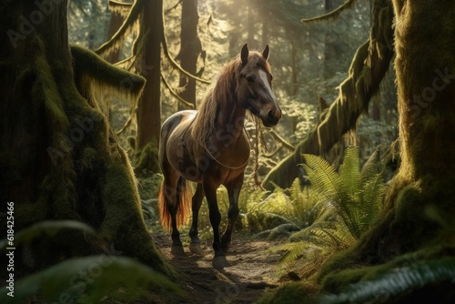 AI generated illustration of a majestic white horse in a tranquil woodland setting photo