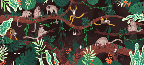 Monkeys in green jungle. Exotic ape animals among branches tree leaves, lianas in tropical forest. Primates, macaque and lemur, in wild nature dense rainforest landscape. Flat vector illustration