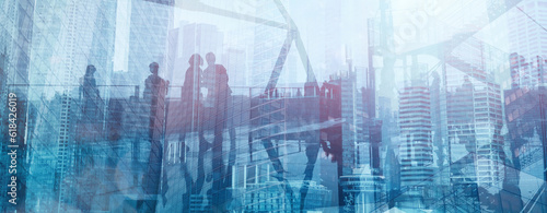business banner double exposure background with business people silhouettes walking near office modern city buildings