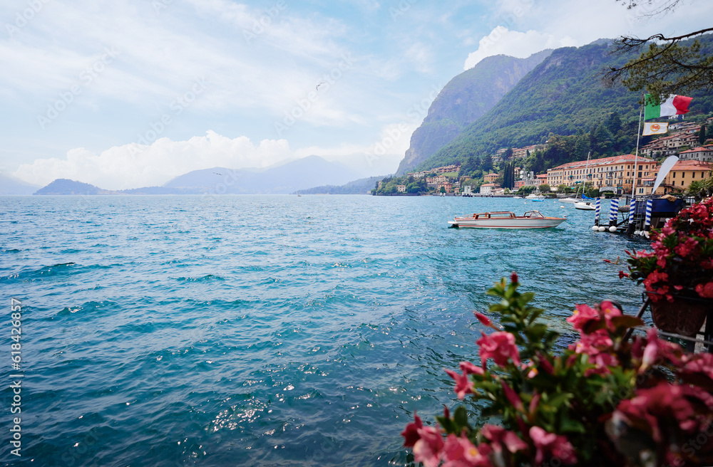 Como lake idyllic watefront in village of Menaggio view, Lombardy region of Italy