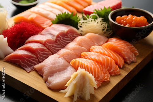 Close-up top view of ingredients Salmon, Japanese food. AI Generated.