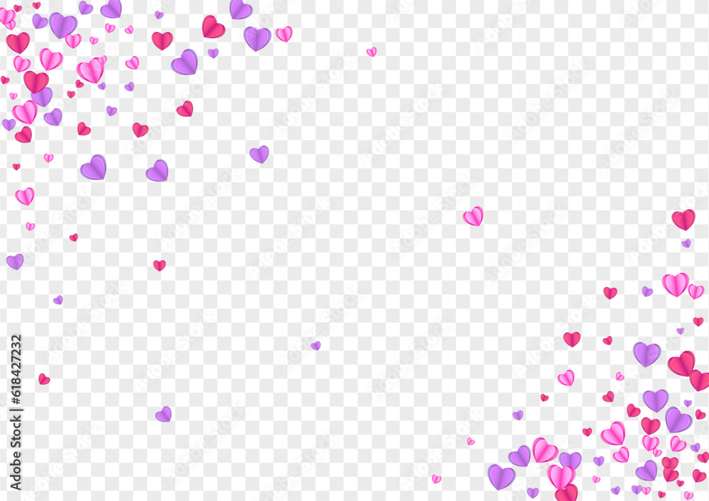 Violet Confetti Background Transparent Vector. Color Illustration Heart. Red Love Backdrop. Fond Confetti Decor Pattern. Tender Happy Frame.