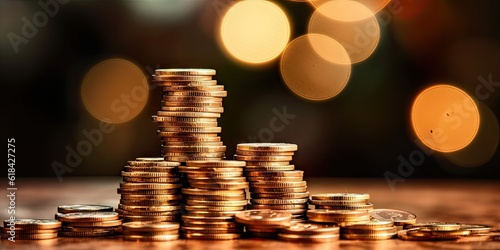 Bokeh blurred background with money business. Investment and finance concept with stack golden coins