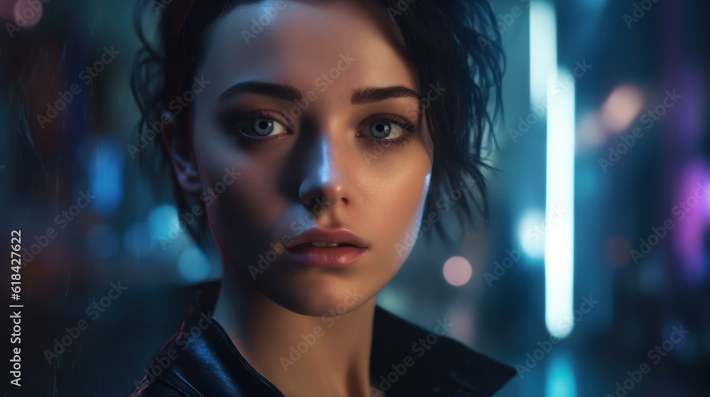 AI generated illustration of a female with short hair standing in an illuminated area AI generated illustration of a female with short hair standing in an illuminated area