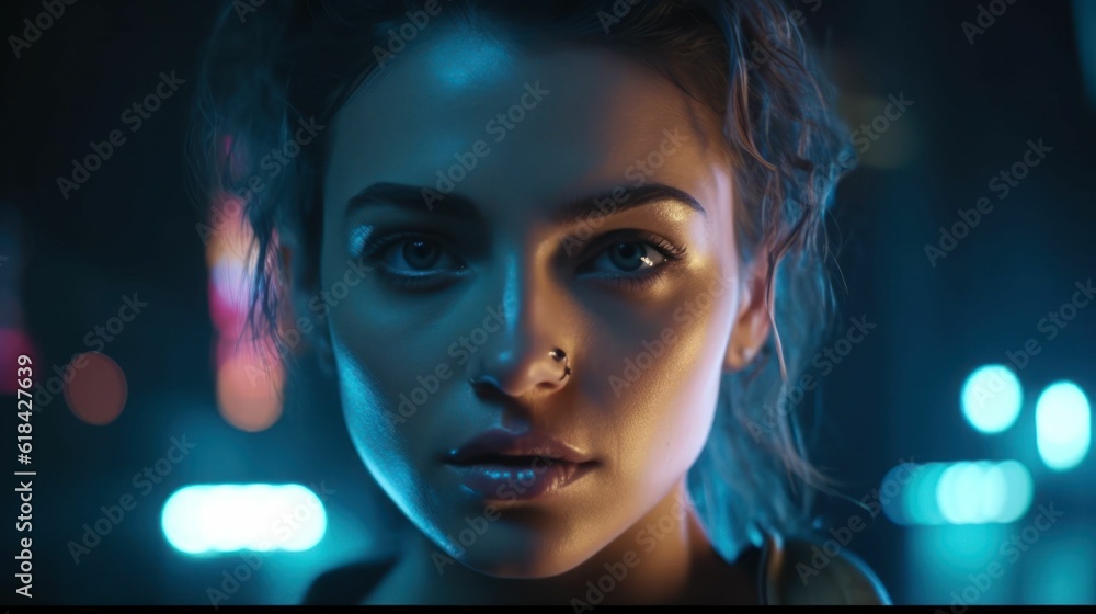 AI-generated illustration of a young female standing in an illuminated area of a dimly lit room AI-generated illustration of a young female standing in an illuminated area of a dimly lit room