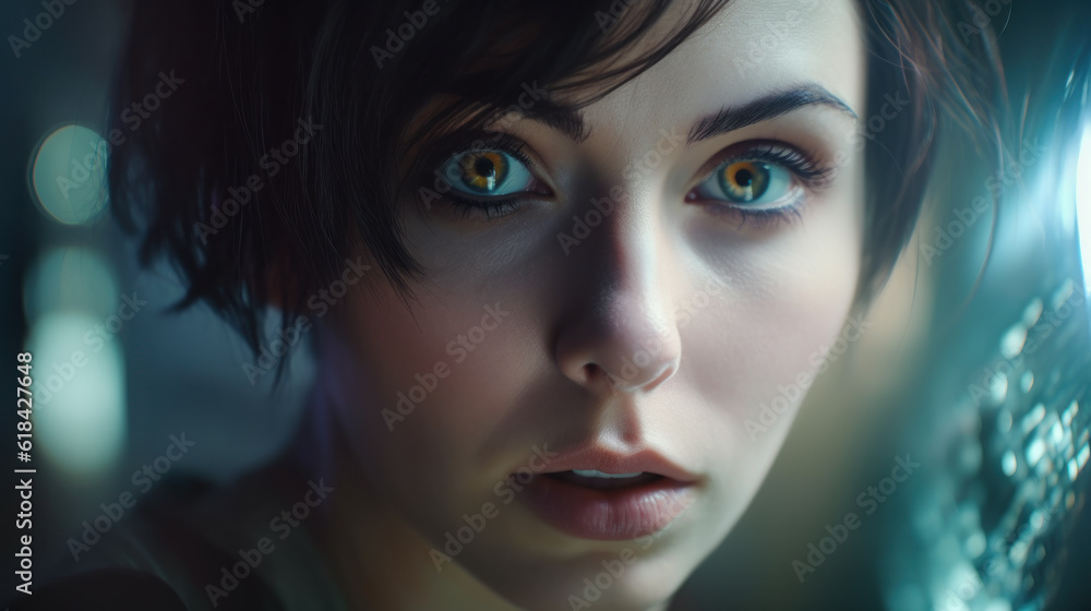 AI generated illustration of a female with short hair standing in an illuminated area AI generated illustration of a female with short hair standing in an illuminated area