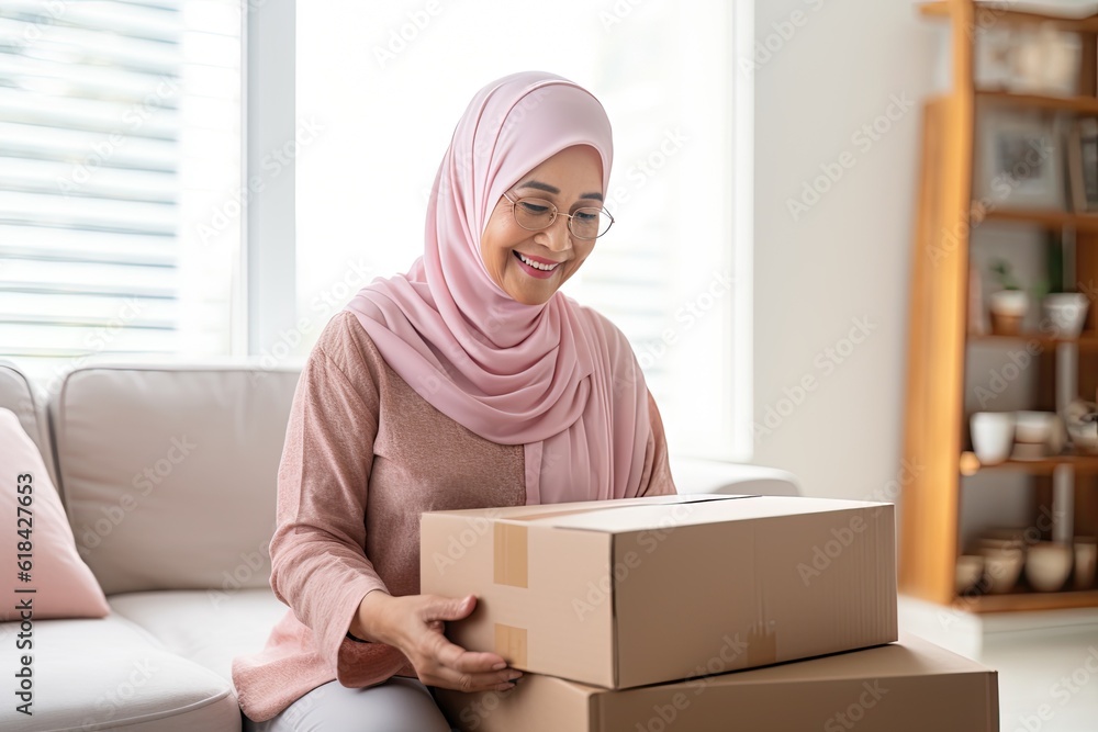 Muslim woman with parcel boxes at home Muslim woman with parcel boxes at home