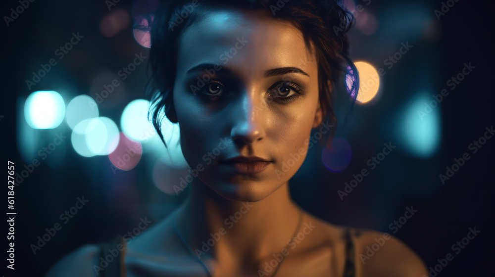 AI generated illustration of a female with short hair standing in an illuminated area AI generated illustration of a female with short hair standing in an illuminated area
