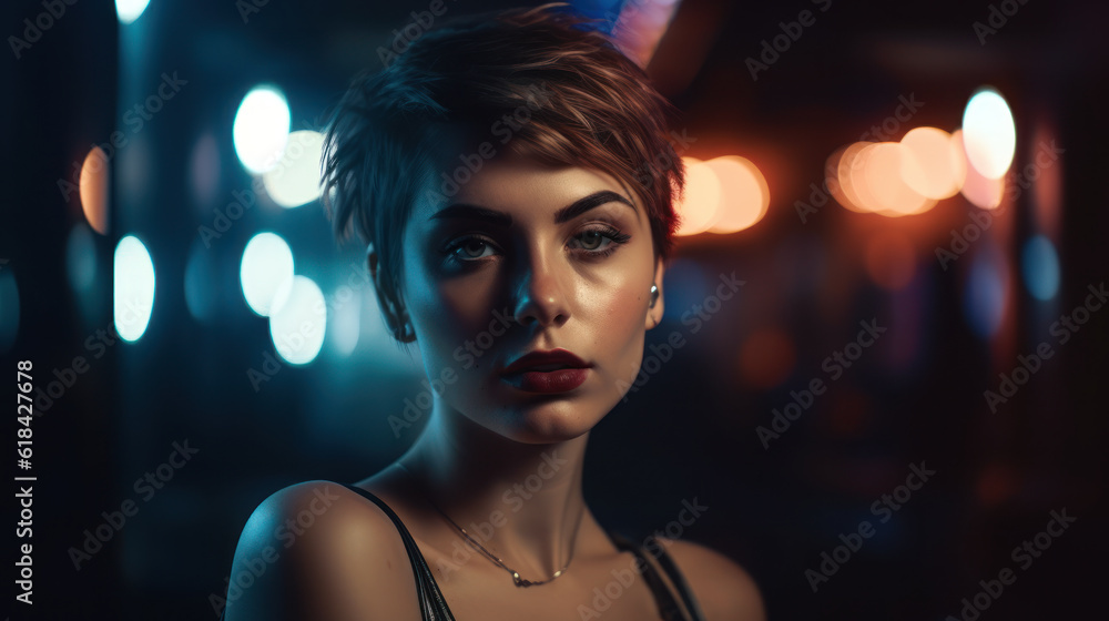 AI generated illustration of a female with short hair standing in an illuminated area