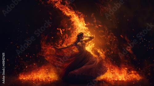 Flamenco Dance Fiery Passion. A stunning Spanish woman gracefully dances flamenco  with burning flames in the background. Expression of passion and artistry concept. AI Generative