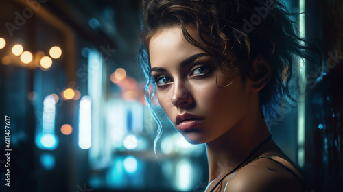 AI generated illustration of a young female standing in an illuminated area of a dimly lit room
