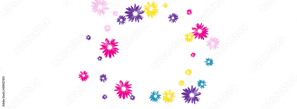 Colorful Flowers Background White Vector. Chamomile Small Texture. Purple Gerbera Flourishes. Style Card. Wrap Multi-colored Flower.