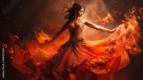 Flamenco Dance Fiery Passion. A stunning Spanish woman gracefully dances flamenco, with burning flames in the background. Expression of passion and artistry concept. AI Generative