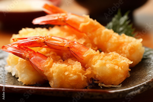 Close-up top view of ingredients Ebi Tempura, Japanese food. AI Generated.