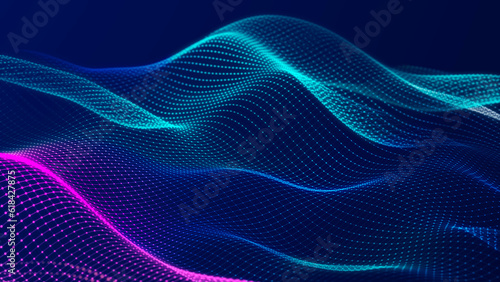 Lights background. Colored music wave. Big data digital code. Futuristic dots Illustration. 3D