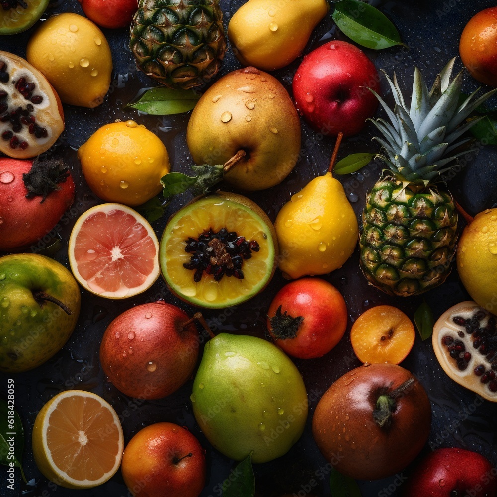 drop vitamin fruit background green food healthy strawberry fresh water orange. Generative AI. drop vitamin fruit background green food healthy strawberry fresh water orange. Generative AI.