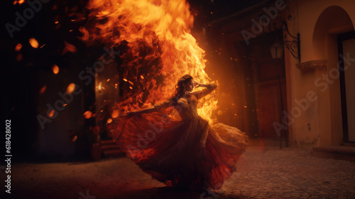 Flamenco Dance Fiery Passion. A stunning Spanish woman gracefully dances flamenco, with burning flames in the background. Expression of passion and artistry concept. AI Generative
