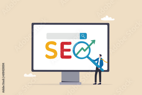 SEO Search Engine Optimization, website search result, advertising or marketing to boost web ranking or user discovery concept, businessman hold magnifying glass on SEO rising arrow search box.