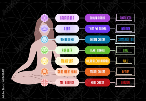 Seven chakras with it's names and meaning for yoga practice and meditation. Vector illustration guide on black background.