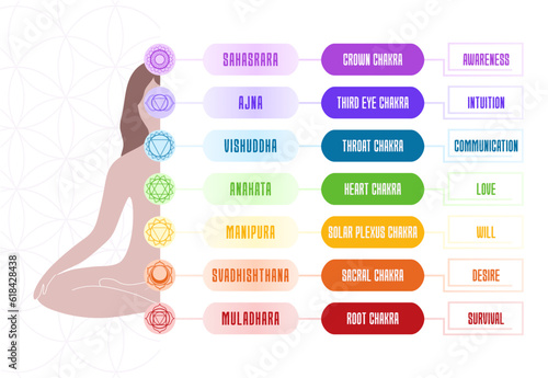 7 chakras chart with meanings and body silhouette. Vector illustration banner.