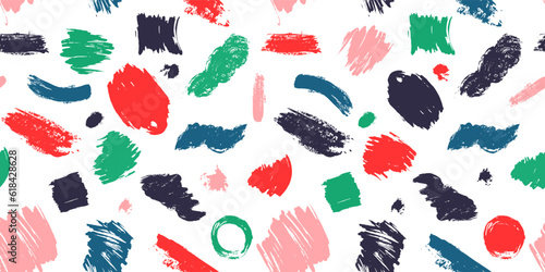 Seamless hand drawn various brush stroke shapes. Abstract contemporary seamless pattern. Modern trendy illustration. Stamp texture. Vector perfect for textile print, poster, fashion, design, art.