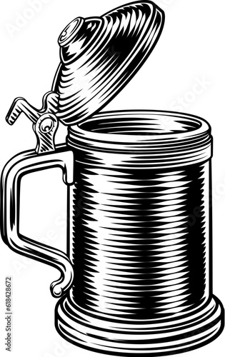 A beer stein German Oktoberfest pint tankard mug in a retro vintage intaglio woodcut engraved style