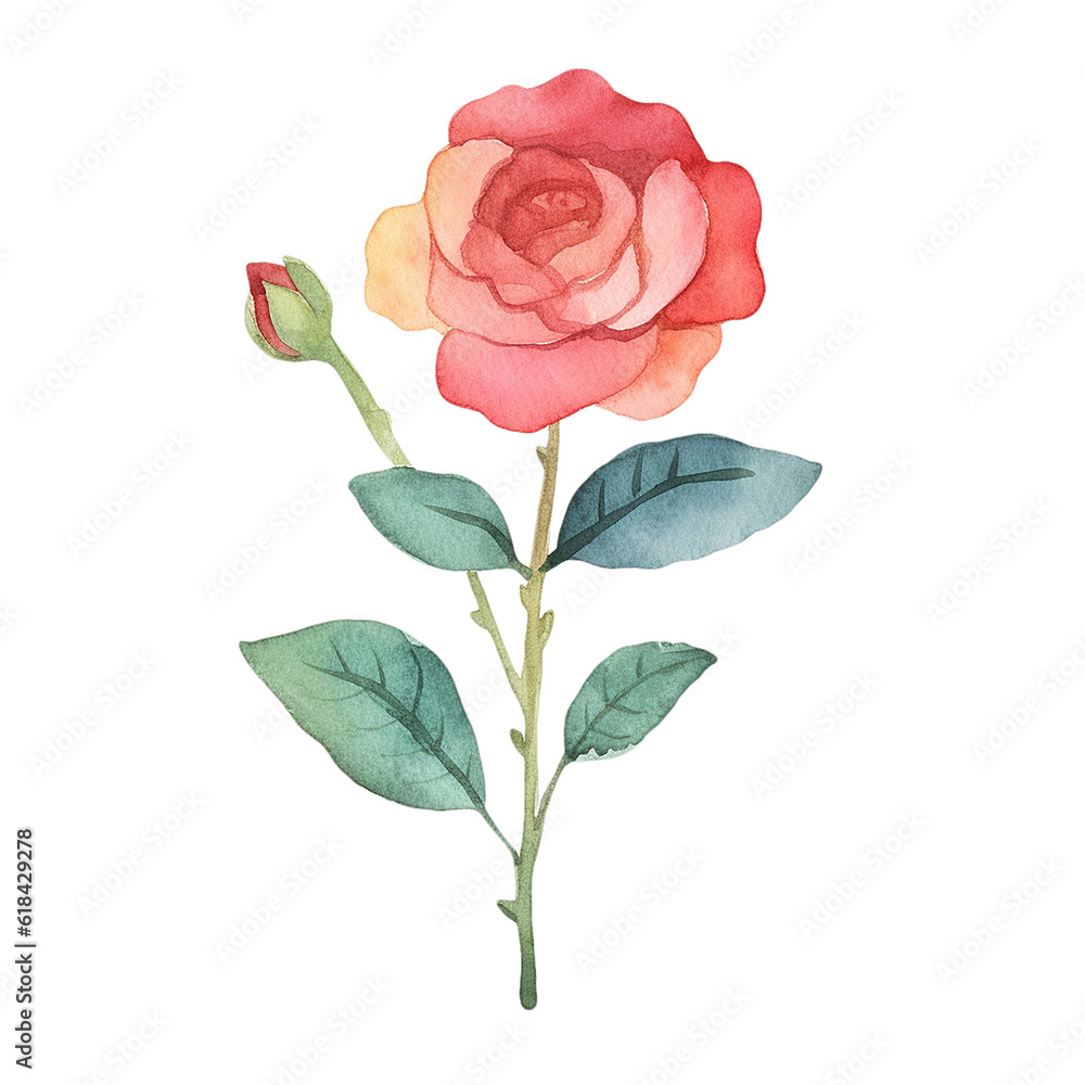 Rose Flower - Cute Hand Painted Style - Childish Watercolor Drawing - Fairy Tale Fantasy - Generative AI