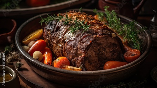 Closeup of pot roast full of vegetables on a bowl with blurred background
