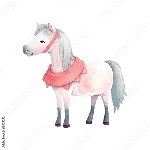 Pink Princess Pony Horse - Cute Hand Painted Style - Childish Watercolor Drawing - Fairy Tale Fantasy - Generative AI