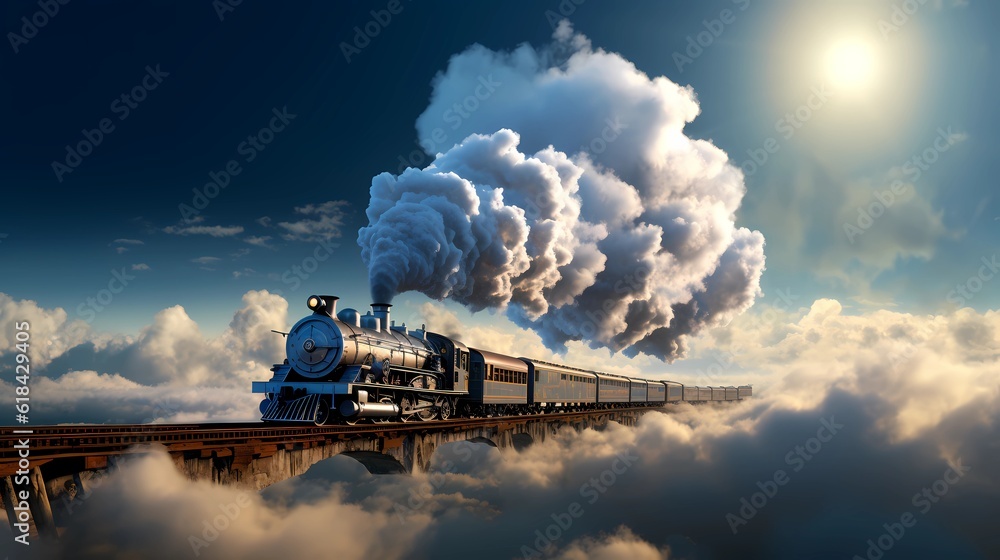 The train takes off from the rail into the sky. Cartoon style characters Design. Concept Art Scenery. Book Illustration Video Game Scene. Serious Digital Painting. CG Artwork Background. Generative AI