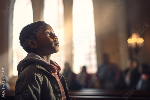 Photo Prayer, christian and thinking with black kid in church for worship, holy spirit and spirituality