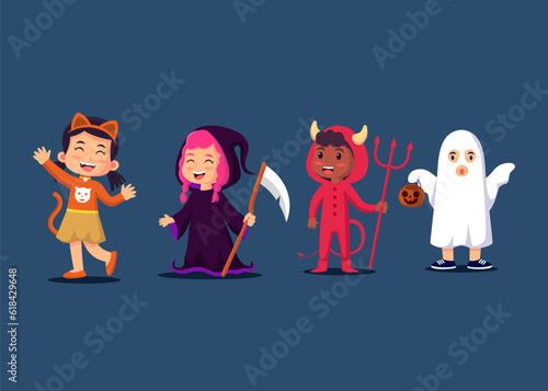 Halloween kids character set. Kids in colorful Halloween costumes : Cat, Grim reaper, Devil, Ghost. Vector eps 10