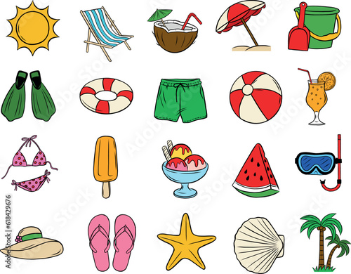Summer icons, hand drawn icons, vacation, beach, sea, rest, palm icons, vacation illustration, clip art, ice cream graphics (ID: 618429676)