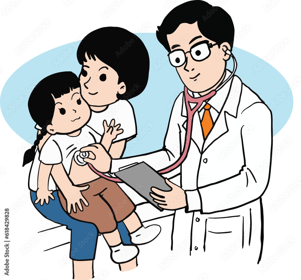 Professional doctor consulting mother and baby He is checking his heartbeat. Professional doctor consulting mother and baby He is checking his heartbeat.