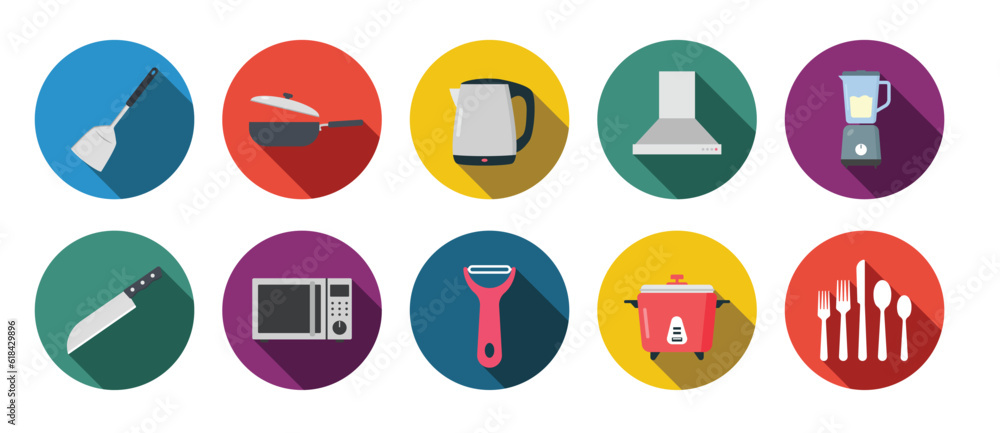 Vector set of Kitchen flat icons with long shadows. Spatula, frying pan, kettle, kitchen hood, blender, knife, microwave, peeler, multicooker, cutlery flat illustration. Kitchen and cooking concept Vector set of Kitchen flat icons with long shadows. Spatula, frying pan, kettle, kitchen hood, blender, knife, microwave, peeler, multicooker, cutlery flat illustration. Kitchen and cooking concept