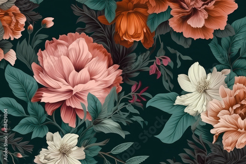 Trendy pattern with colorful flowers and leaves, great design for any purposes. Floral seamless pattern. Vintage botanical 3d illustration for printing fabric, wrapping paper, packaging