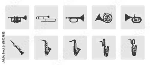 Brass instruments icon set. Trumpet, trombone, tuba, bugle, saxophone, French horn silhouette sign icon symbol pictogram vector illustration