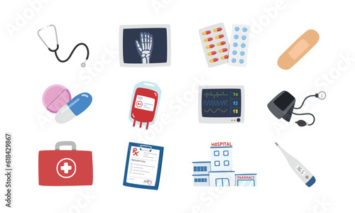 Hospital vector clipart set. Stethoscope, x ray, medicines, sticking plaster, first aid kit, rx prescription, thermometer vector illustration clipart cartoon style. Medical concept