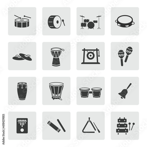 Percussion instruments icon set. Drum, cymbals, maracas, bongo, conga, xylophone, timpani, tambourine, gong silhouette sign icon symbol pictogram vector illustration