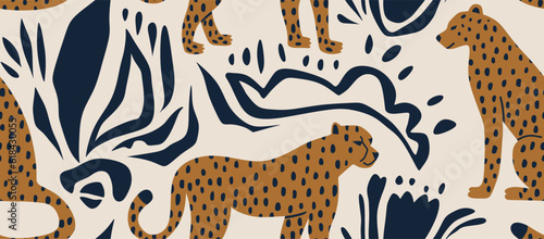 abstract collage pattern with leopards hand draw. Creative collage contemporary floral seamless pattern.